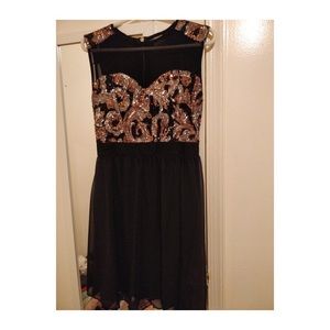 Mesh Gold Sequin Chiffon Skater Dress